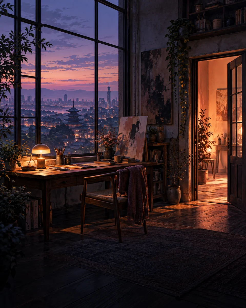 A dusk-lit creative loft overlooking a Japanese city, with an artist desk and a warm open doorway.