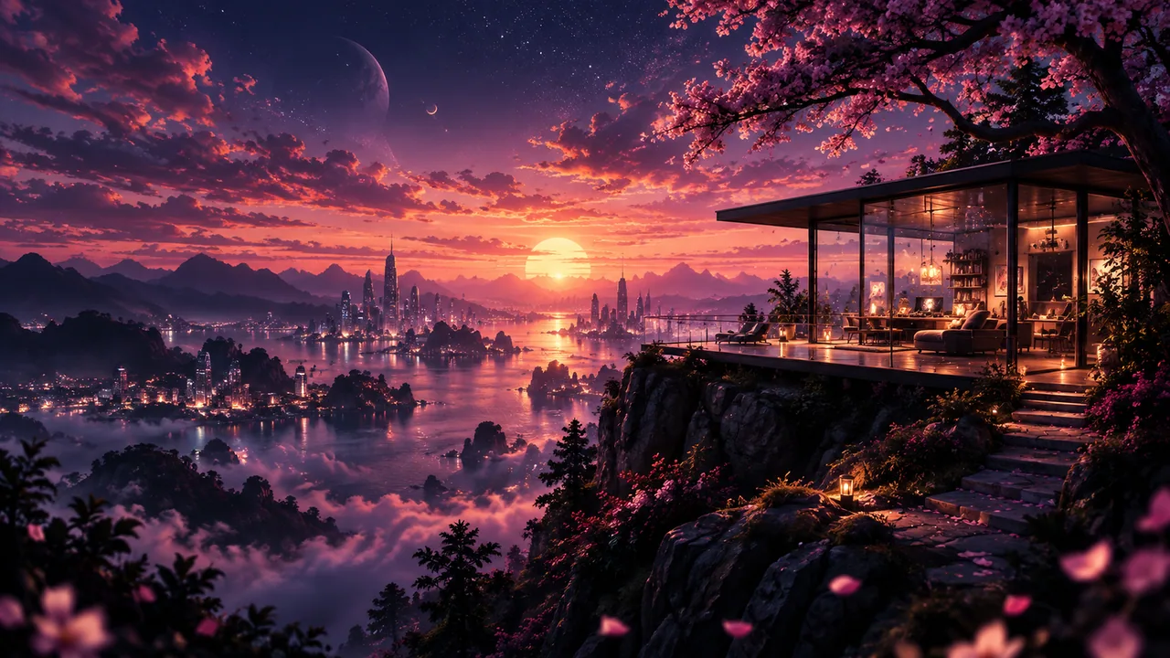 A glass studio beneath flowering branches overlooks a vast waterfront at sunset.