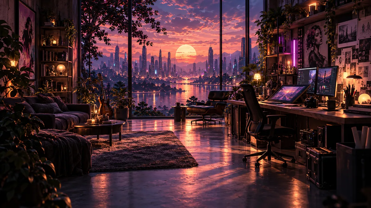 An art-filled creative workspace opens onto a warm sunset over the city.