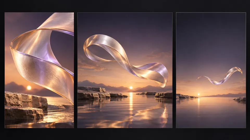 AI generated concept: a campaign close crop, proposed motion frame and spacious website image share a luminous ribbon and warm stone horizon.