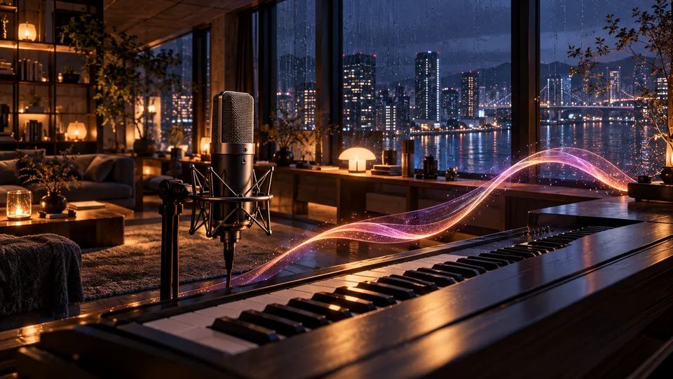 Conceptual keyboard and microphone with flowing colored light in an imagined room.