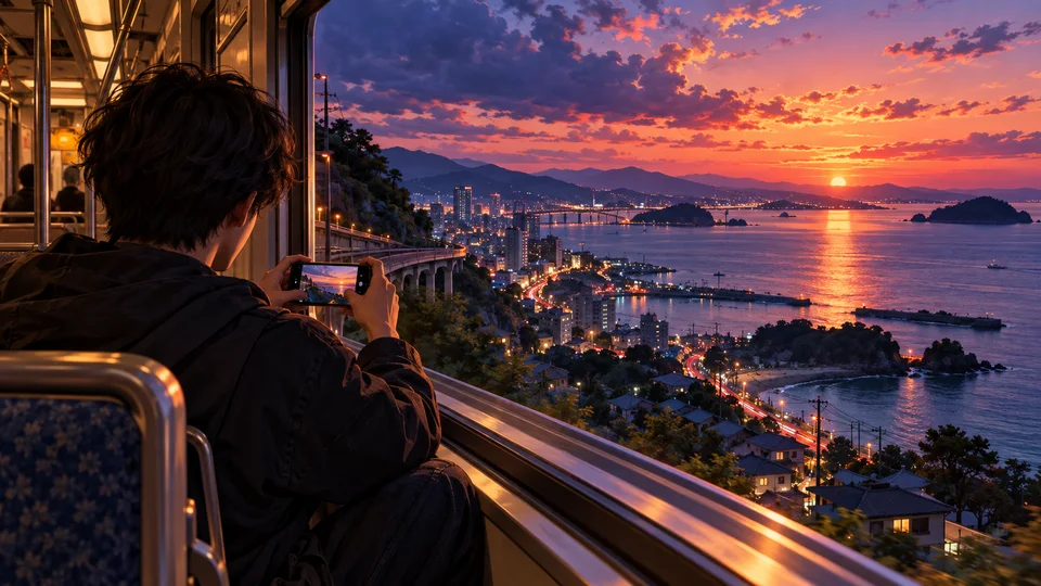 Conceptual creator framing a sunset waterfront scene on a phone.