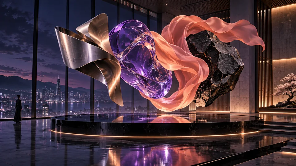 Conceptual glass, metal, fabric and stone forms suspended in an imagined gallery.