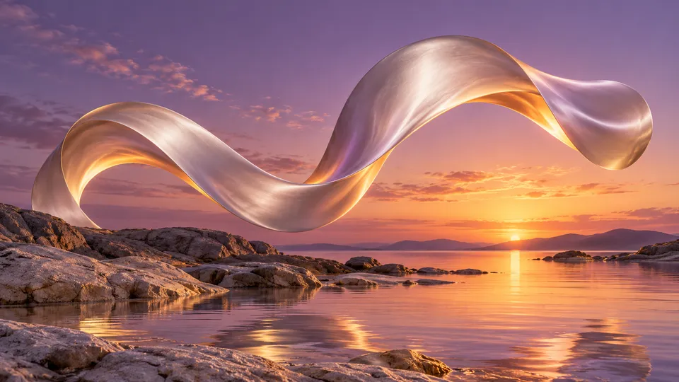Imaginary pearlescent ribbon above a stone shore in lilac and amber light.