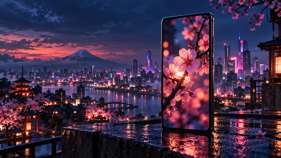 Conceptual phone displaying cherry blossoms above a cinematic city at dusk.