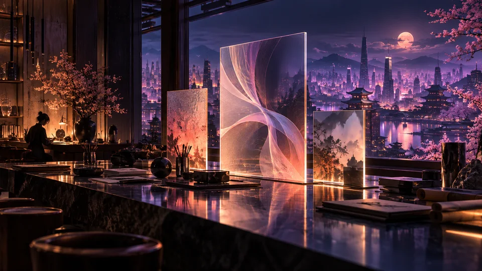 Conceptual illuminated design panels overlooking a violet city skyline.