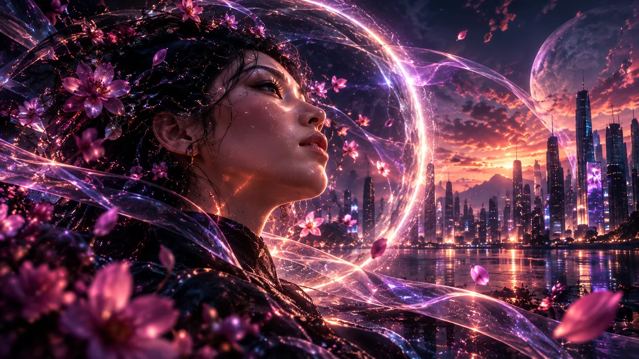 A cinematic portrait surrounded by luminous blossom petals and a violet halo