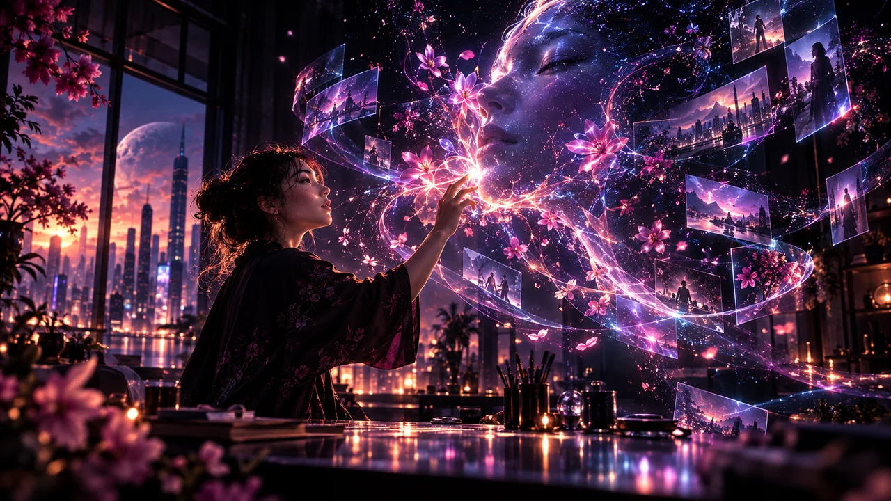 A human artist shaping luminous visual ideas in a studio