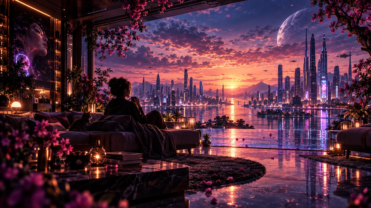 A contemplative creative space looking out across a city at sunset