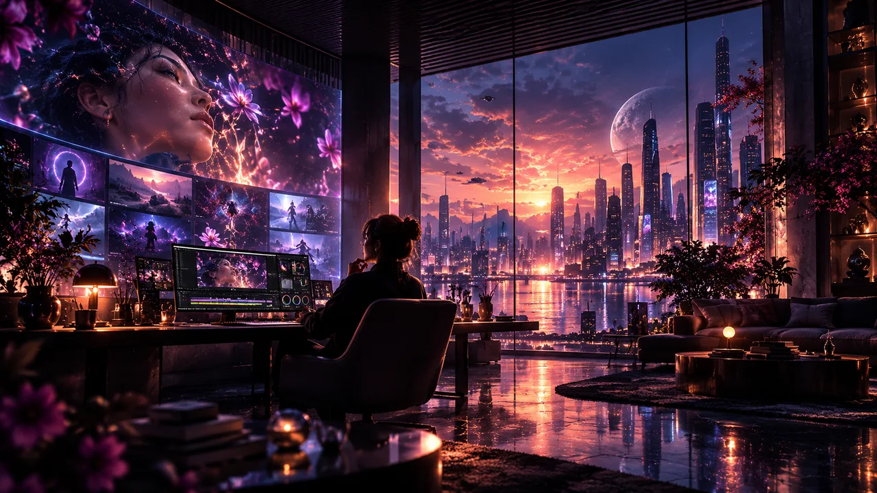 A human creative at a cinematic workstation overlooking a luminous future city