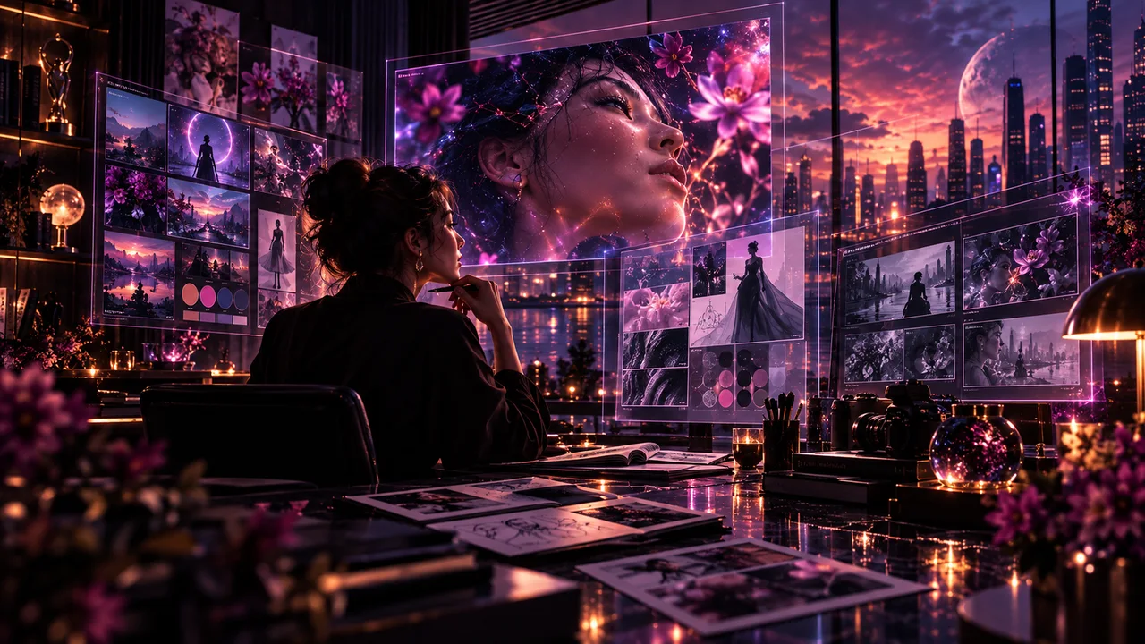 A creative director considering visual ideas and AI-assisted imagery