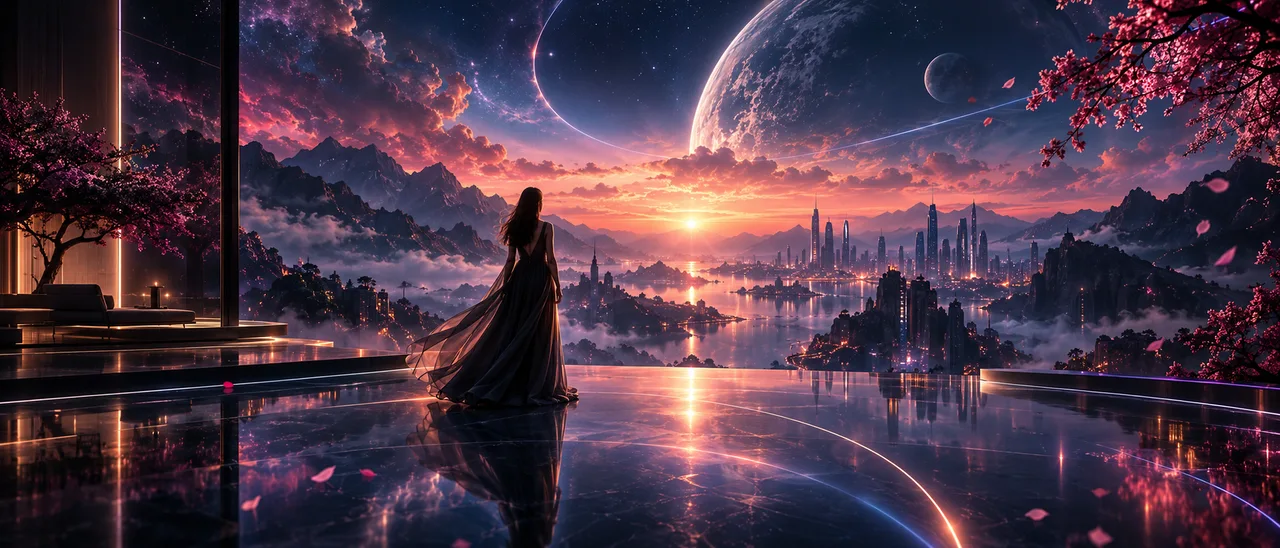 A human figure looking toward a luminous future city beneath a cosmic dawn