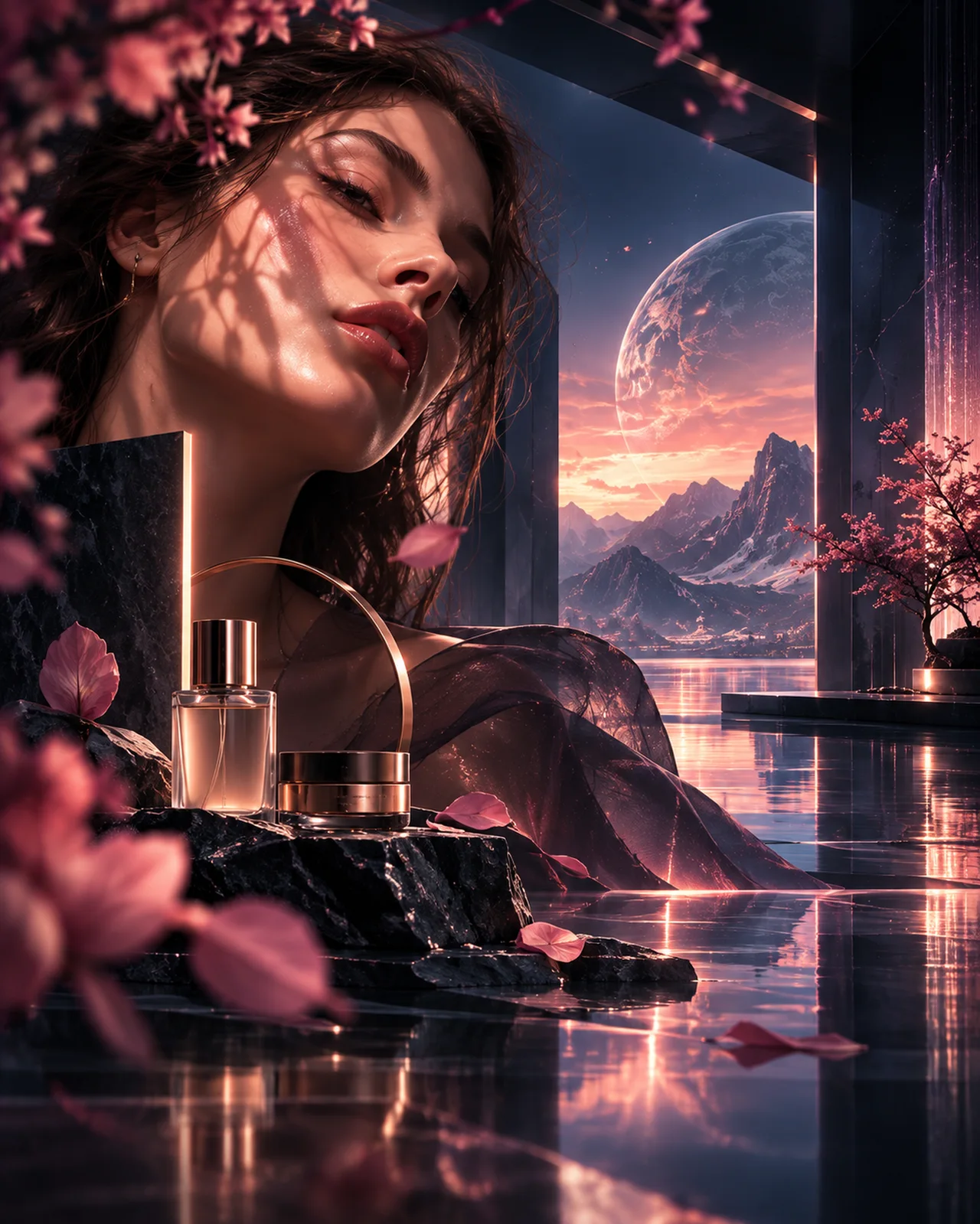 Beauty art direction with a portrait, sculptural cosmetic packaging and cherry blossoms