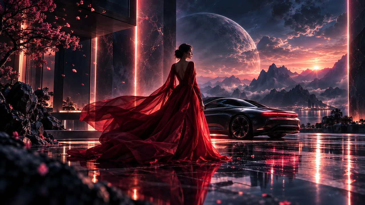 A flowing crimson dress and a futuristic car in a cinematic landscape