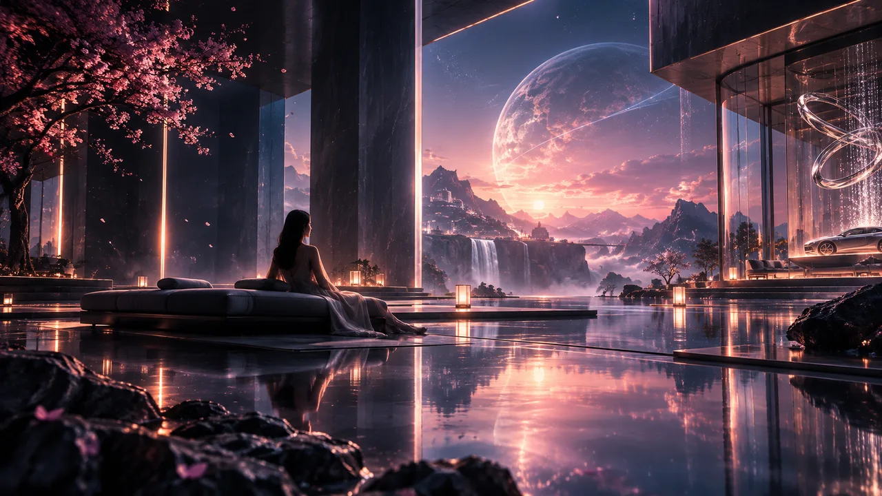 An open architectural sanctuary looking toward a vast moon and warm horizon