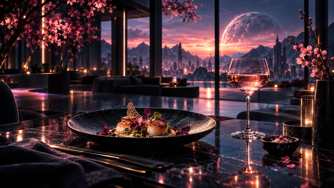 Food and beverage art direction in a reflective dining space at sunset