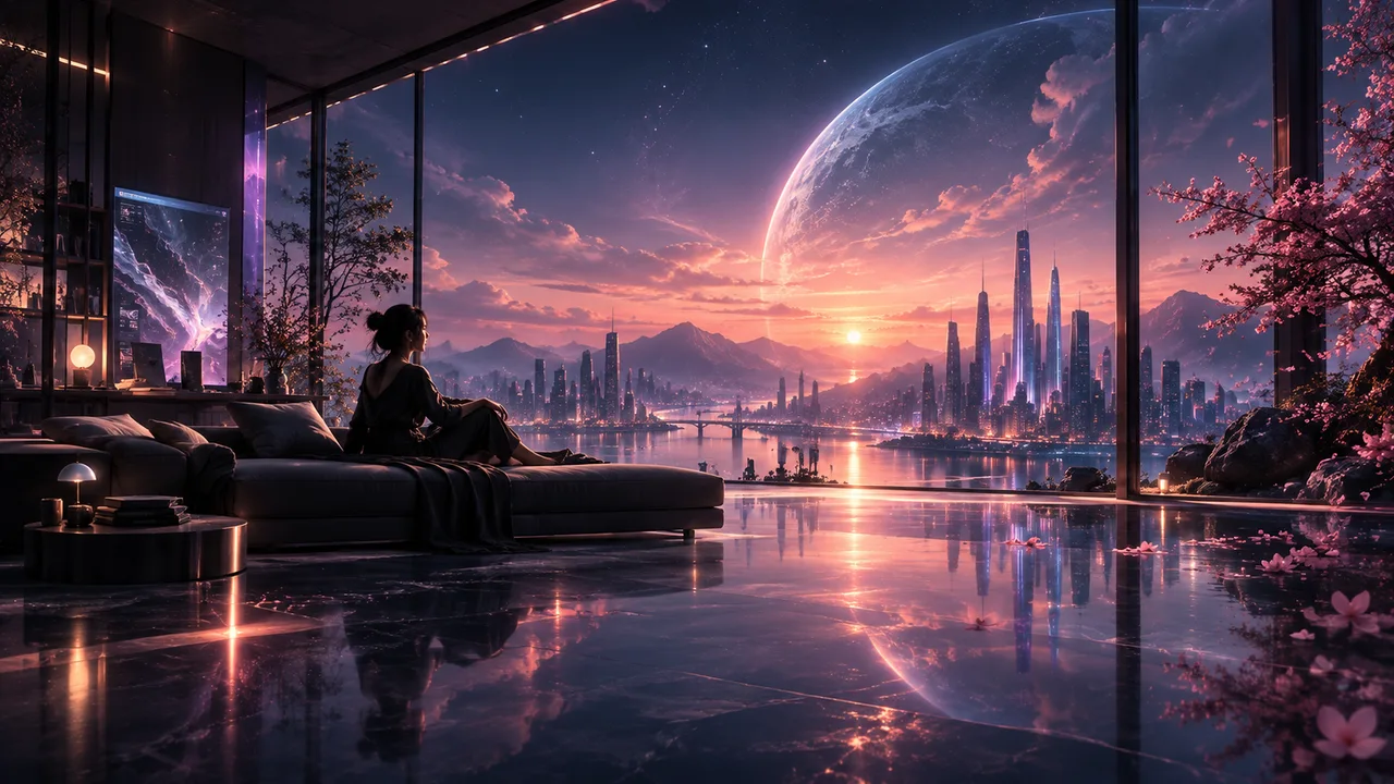 An imagined loft opening onto a luminous city and cosmic dawn