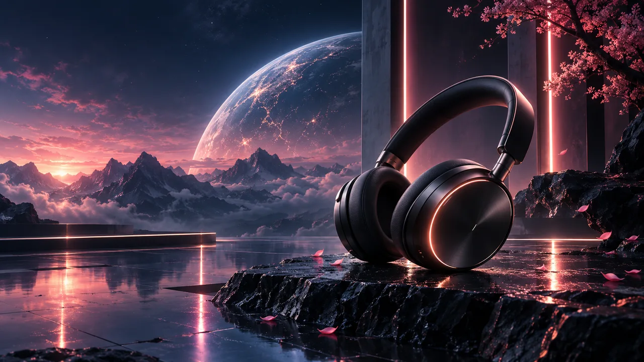 Sculptural headphones against a reflective cosmic landscape